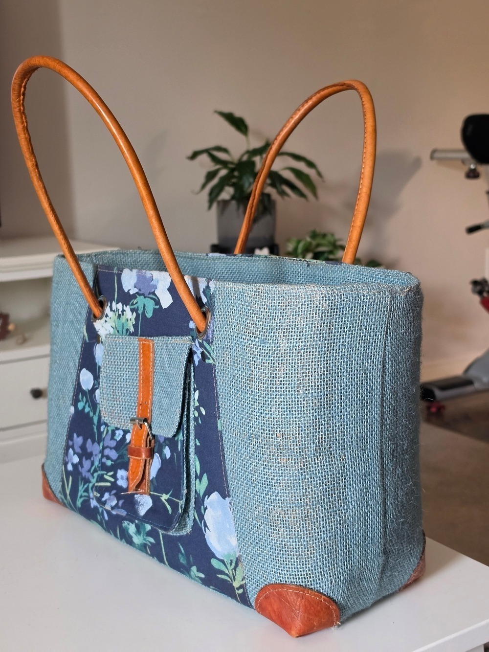 Blue Floral Canvas Tote Bag with Tan Faux Leather Accents - Picture 3 of 8